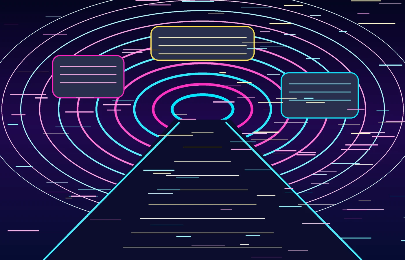 Neon arcade tunnel with glowing route lines and floating HUD panels