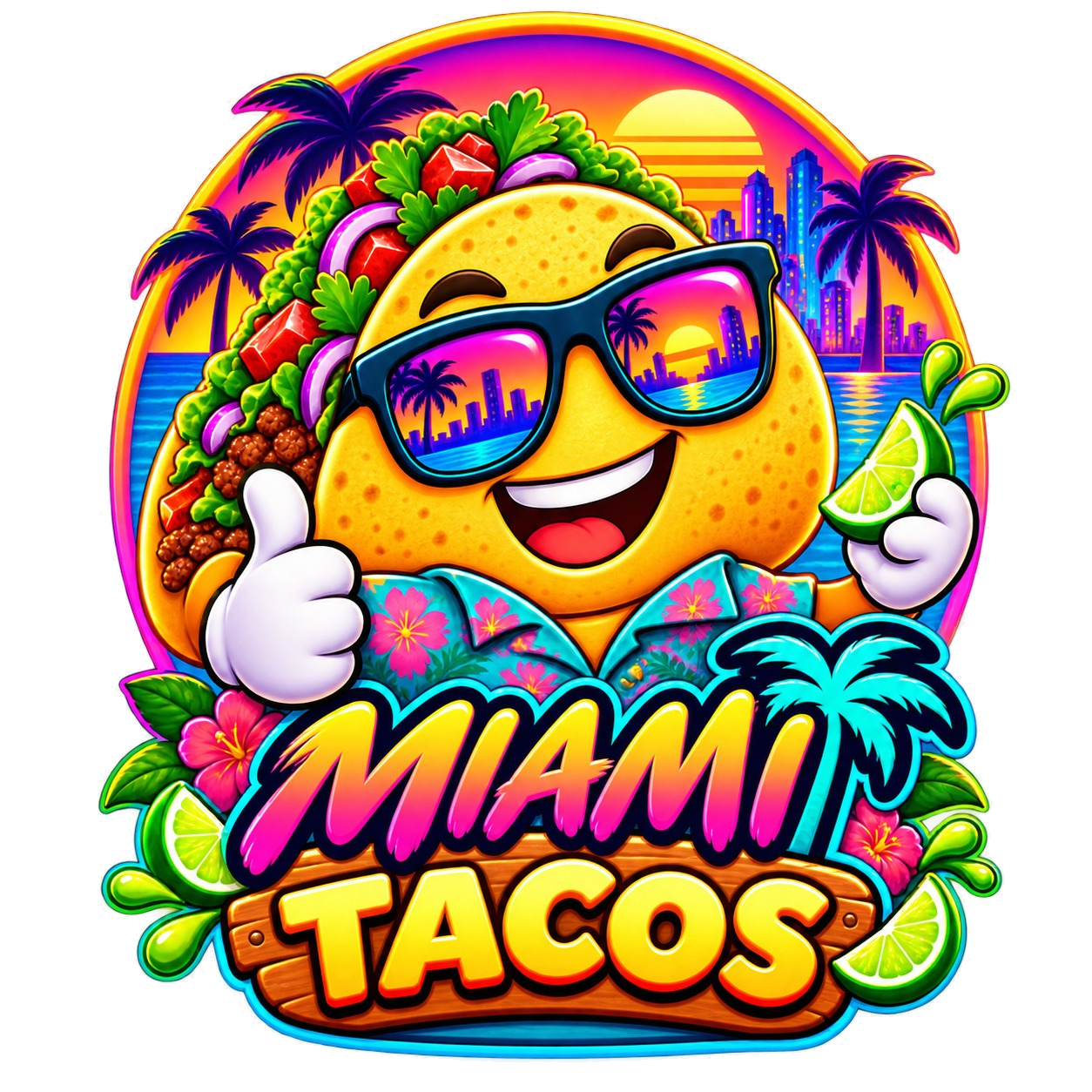 MIAMI TACOS mascot logo with sunglasses, tropical sunset, palms, and tacos