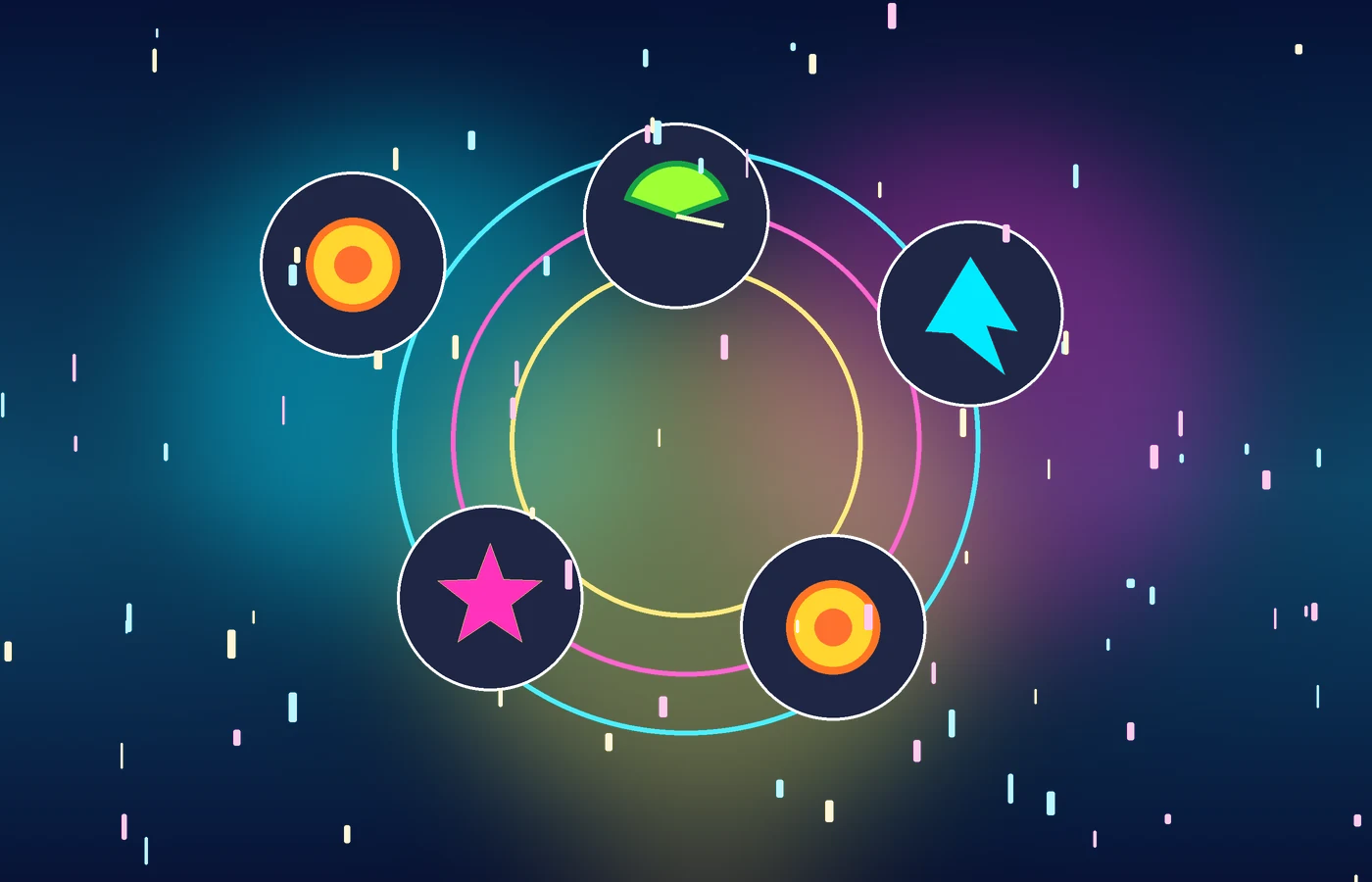 Abstract neon game vault with collectible coin, lime, boost, and star symbols