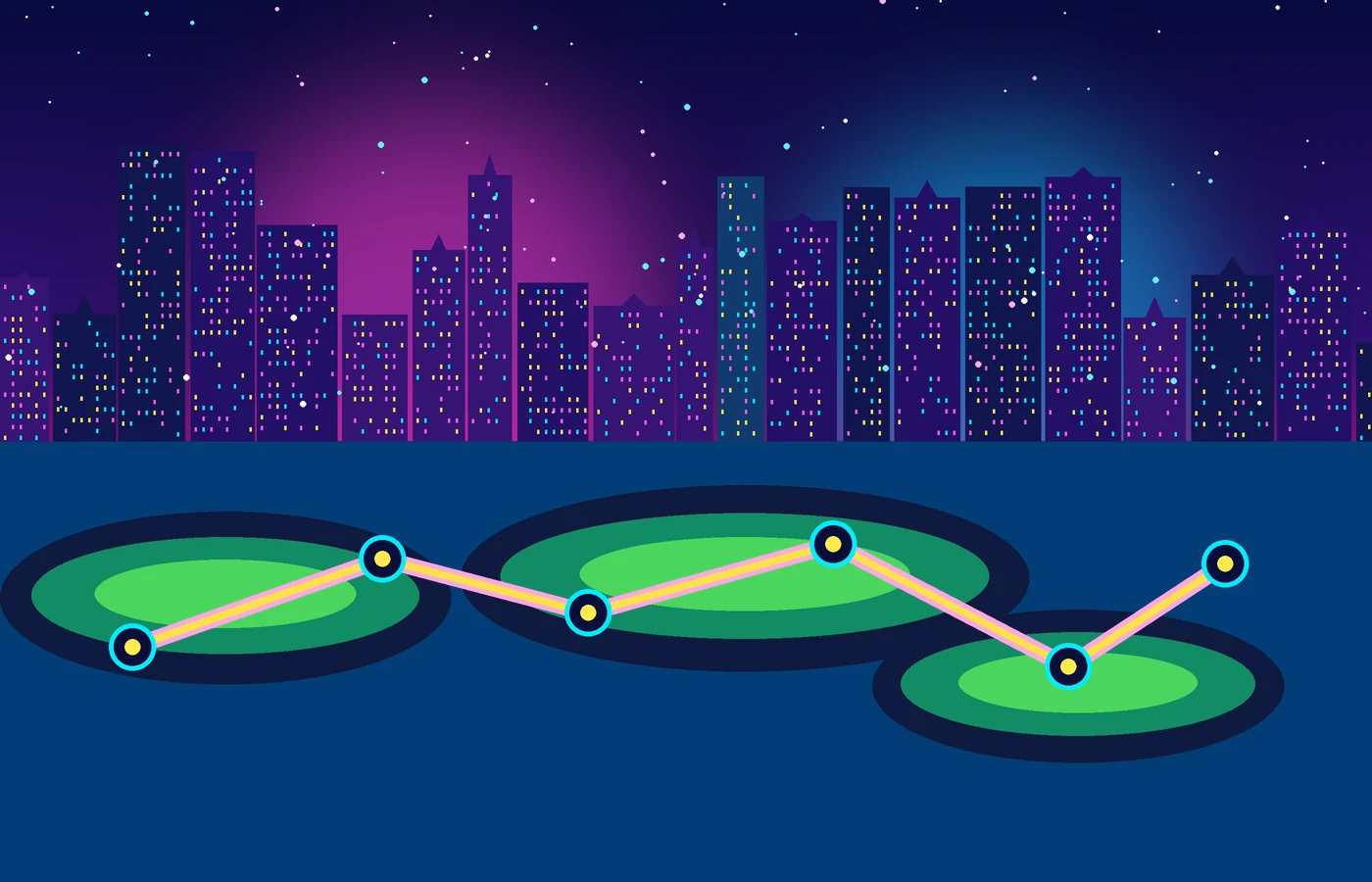 Illustrated neon tropical bay with islands, skyline, and a glowing mission route